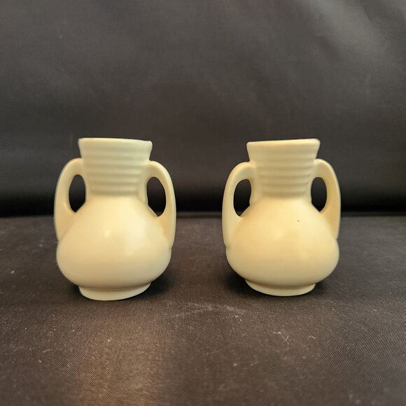 Set 2 Shawnee Pottery Vases 3" Miniature Mini Ivory Cream Jug READ USA 1940s VTG - Picture 1 of 12